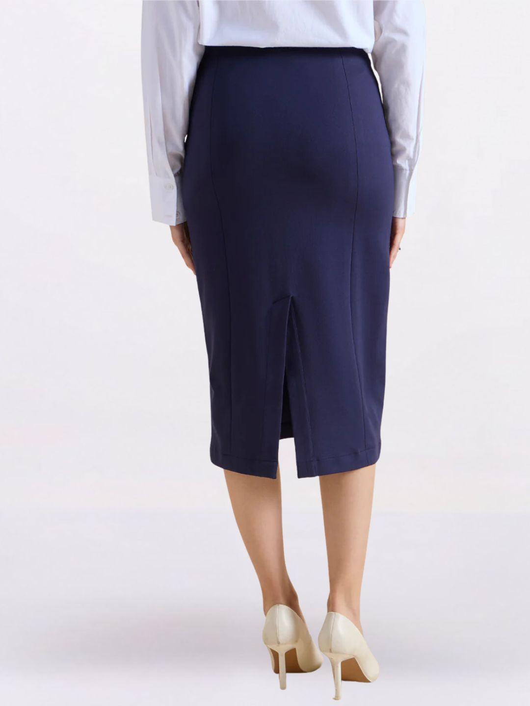 Women 4-Way Stretch Navy Blue Pencil Skirt