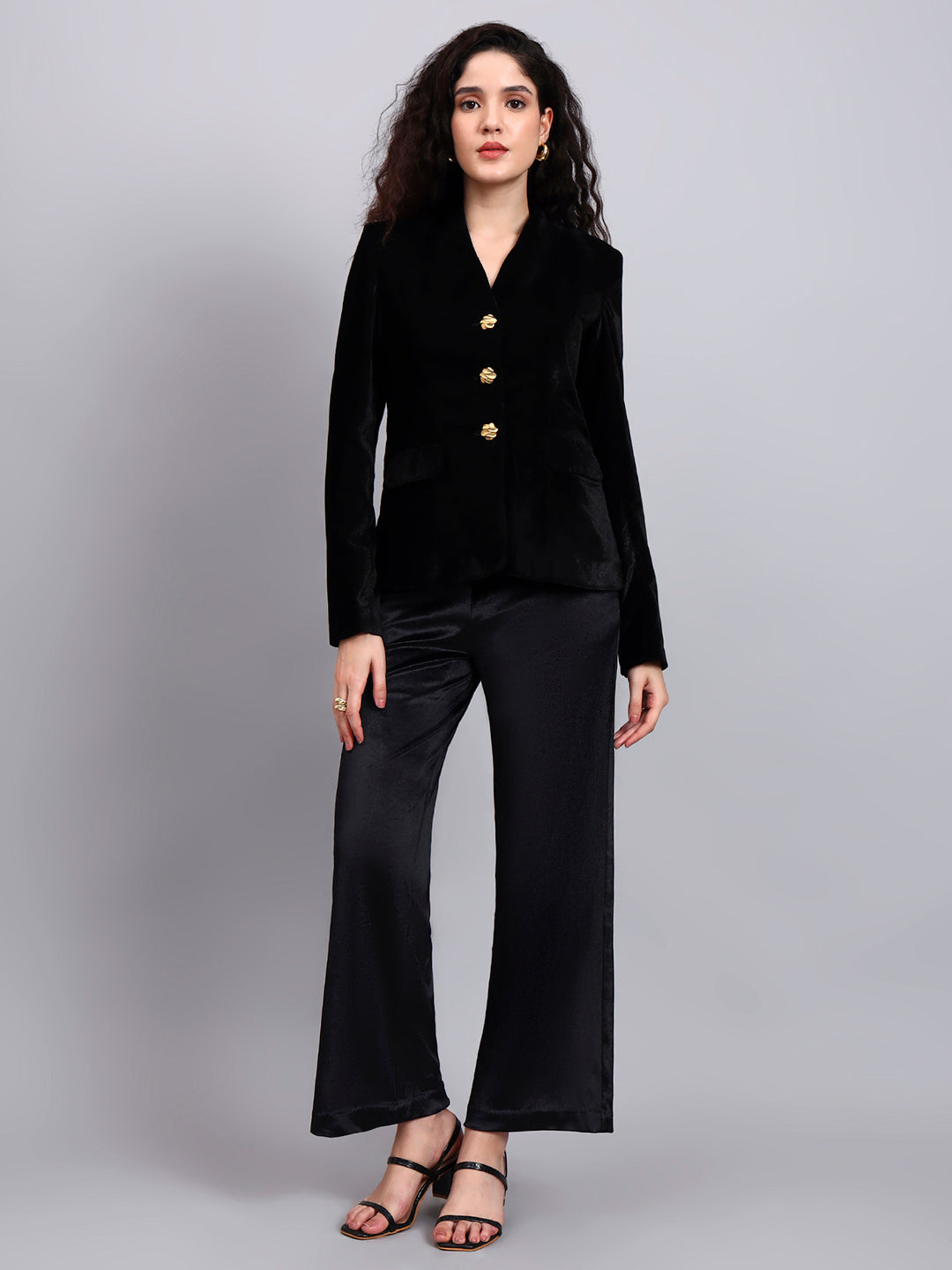 Velvet Black Blazer With Gold Buttons