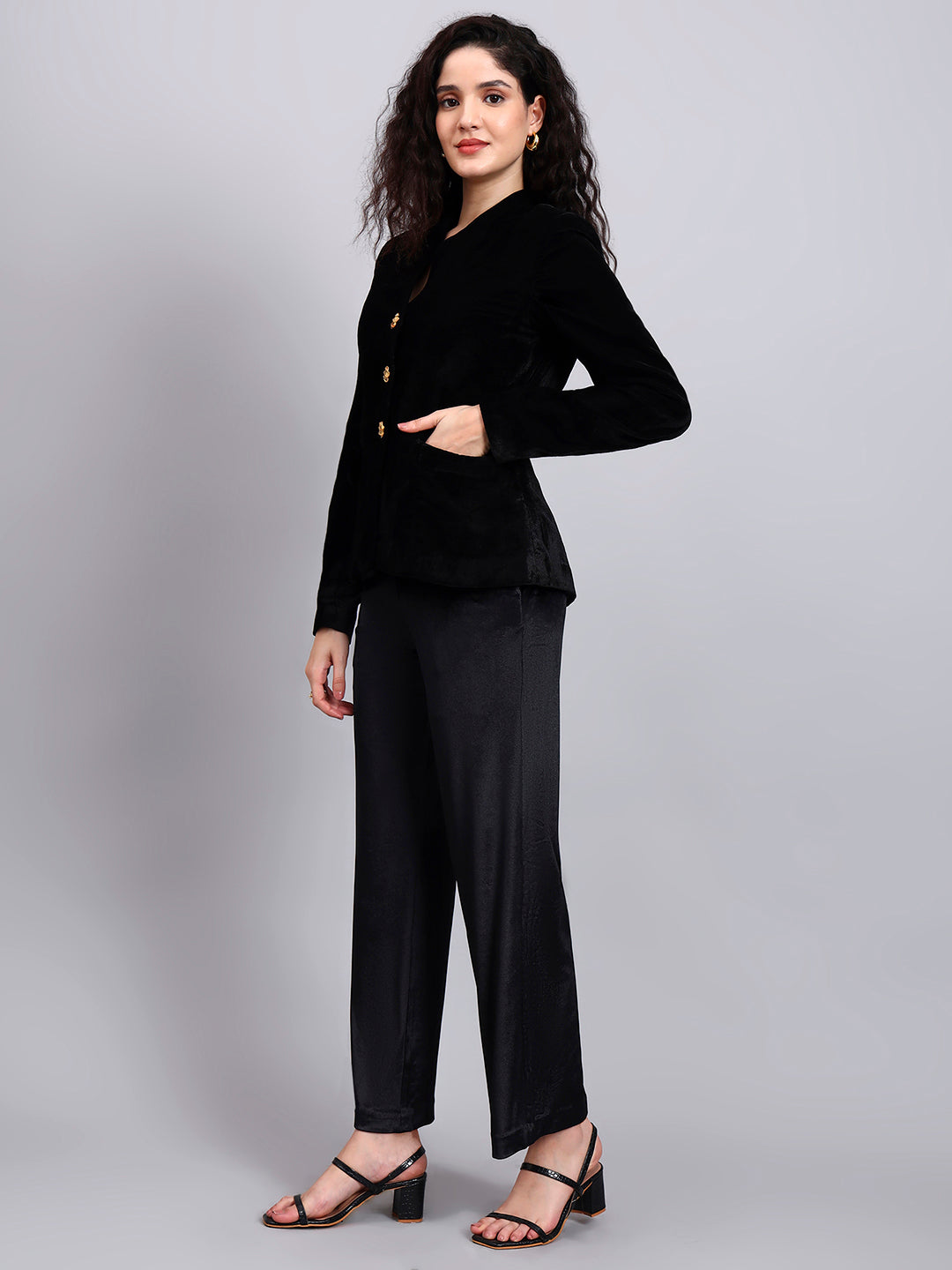 Velvet Black Blazer With Gold Buttons