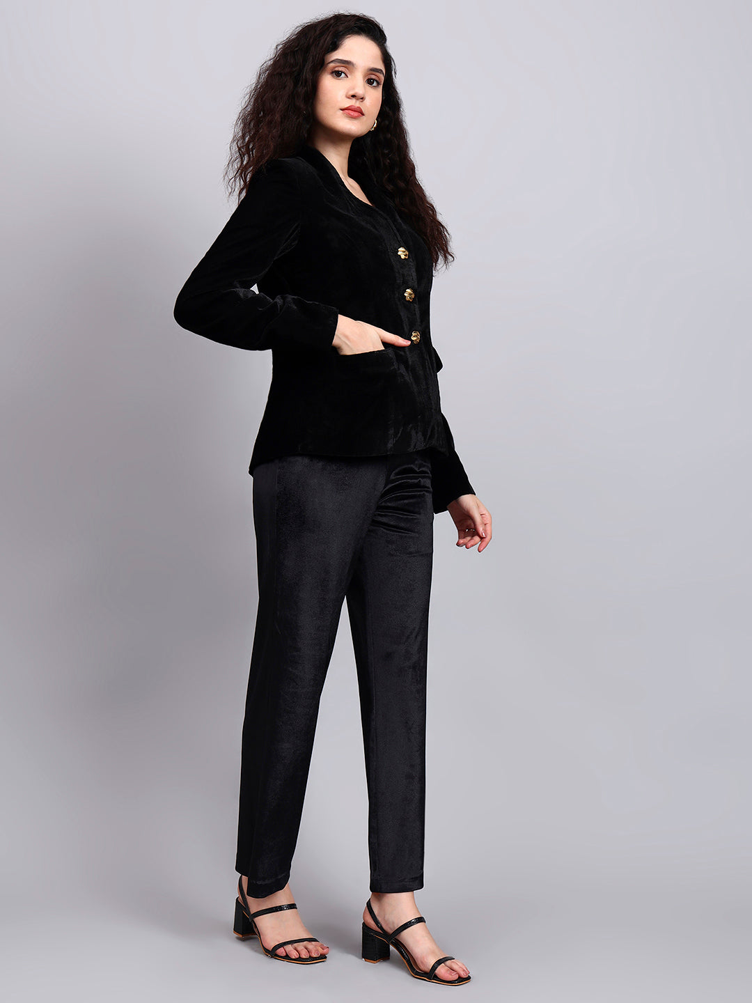 Velvet Black Blazer With Gold Buttons