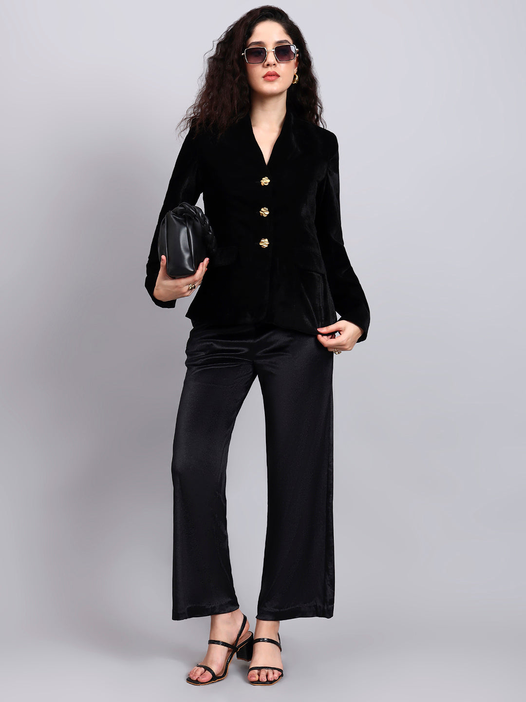 Velvet Black Blazer With Gold Buttons