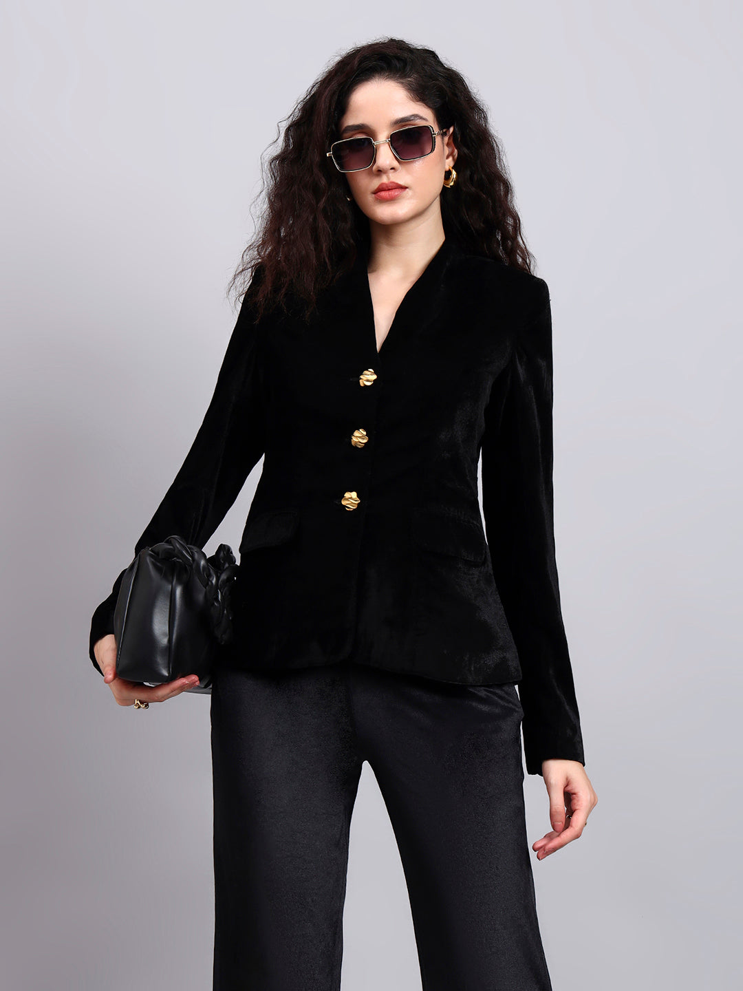 Velvet Black Blazer With Gold Buttons