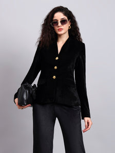 Velvet Black Blazer With Gold Buttons