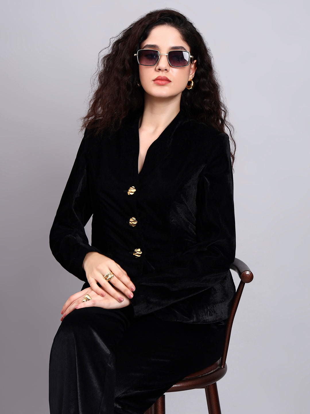 Velvet Black Blazer With Gold Buttons