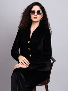 Velvet Black Blazer With Gold Buttons