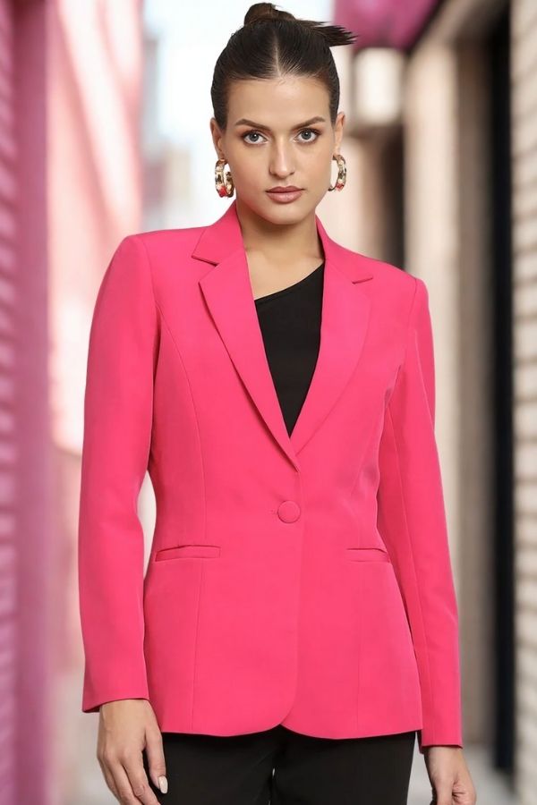 Women Notched Lapel Collar Single-Breasted Formal Blazer