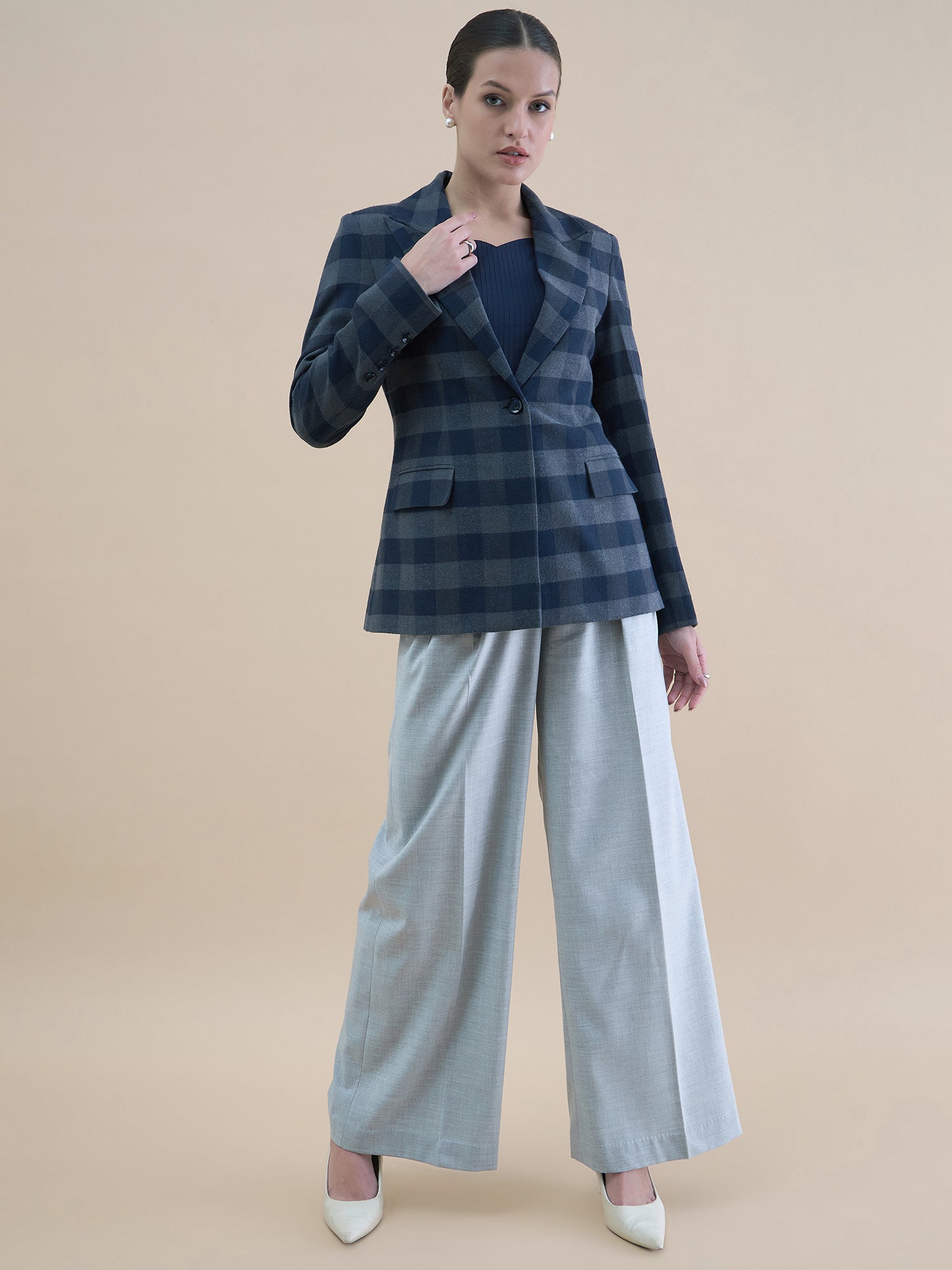 Single Breasted Checkered Wool Blend Notch Collar Blazer