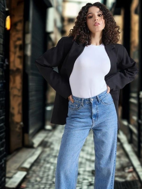 Women Oversized Fit Single Breasted Notched Lapel Collar Blazer