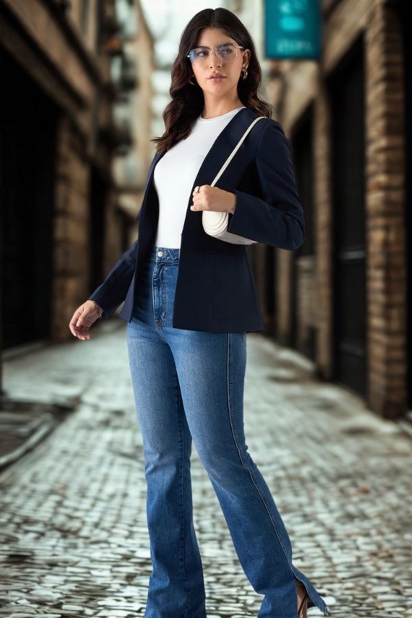 Women Minimalist Regular Fit Blazer In Stretchable Fabric