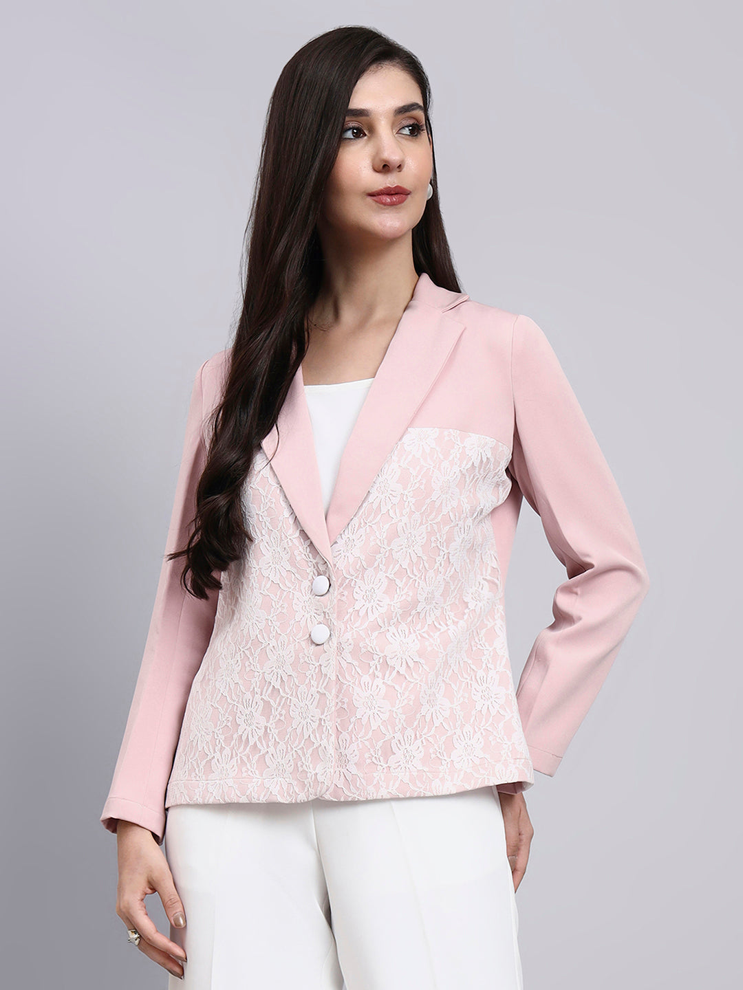 Women Baby Pink Blazer with Lace Panel Detail