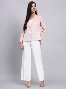 Women Baby Pink Blazer with Lace Panel Detail