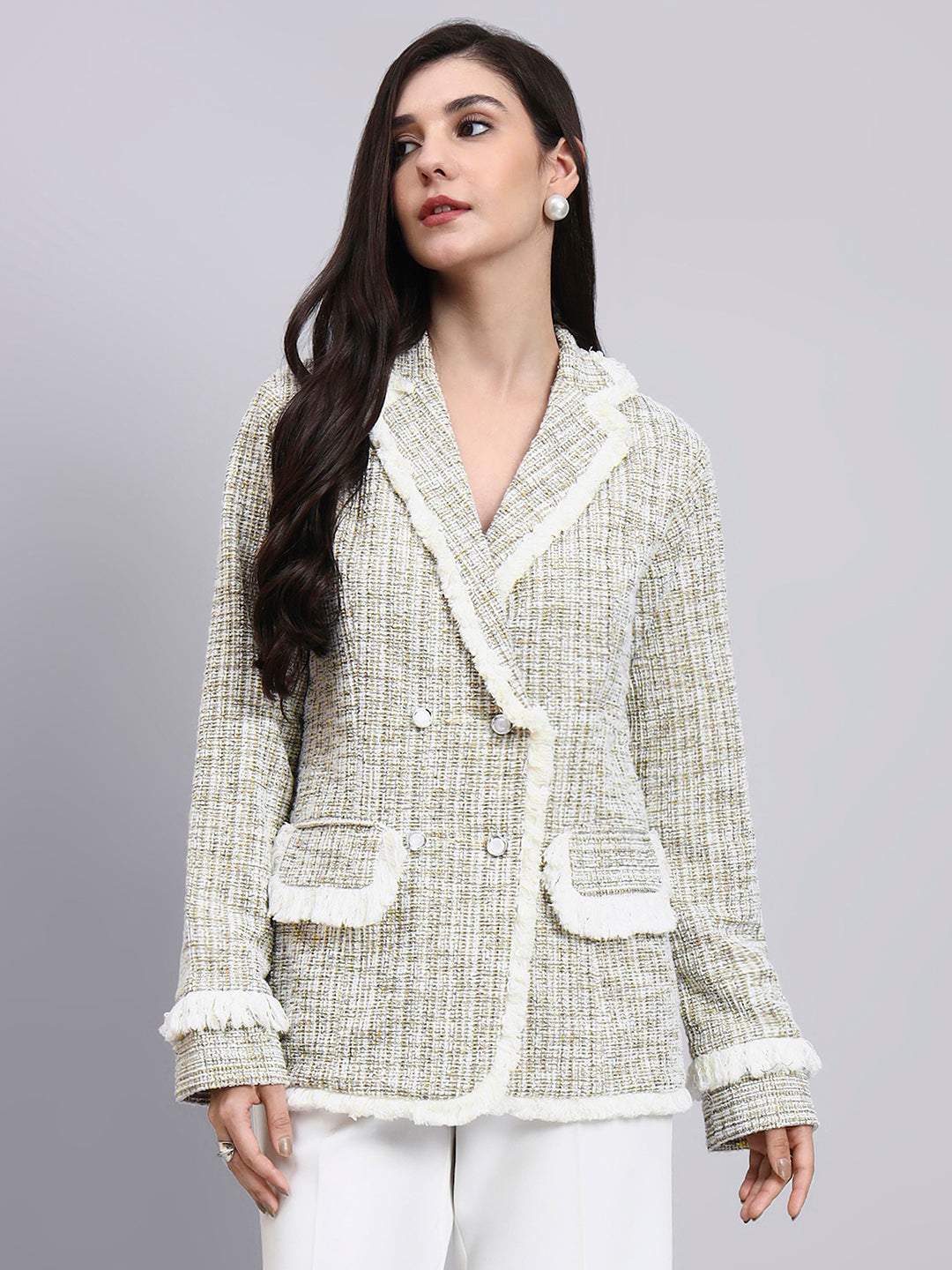 Classic beige warm tweed stretchable Blazer