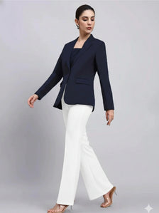 Women Navy Blue Notched Lapel Blazer