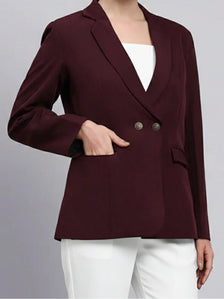 Women Burgundy Notched Lapel Blazer