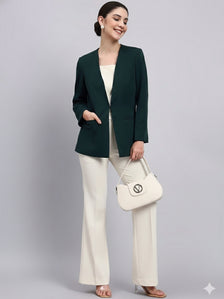 Women Green Lapel Less Blazer