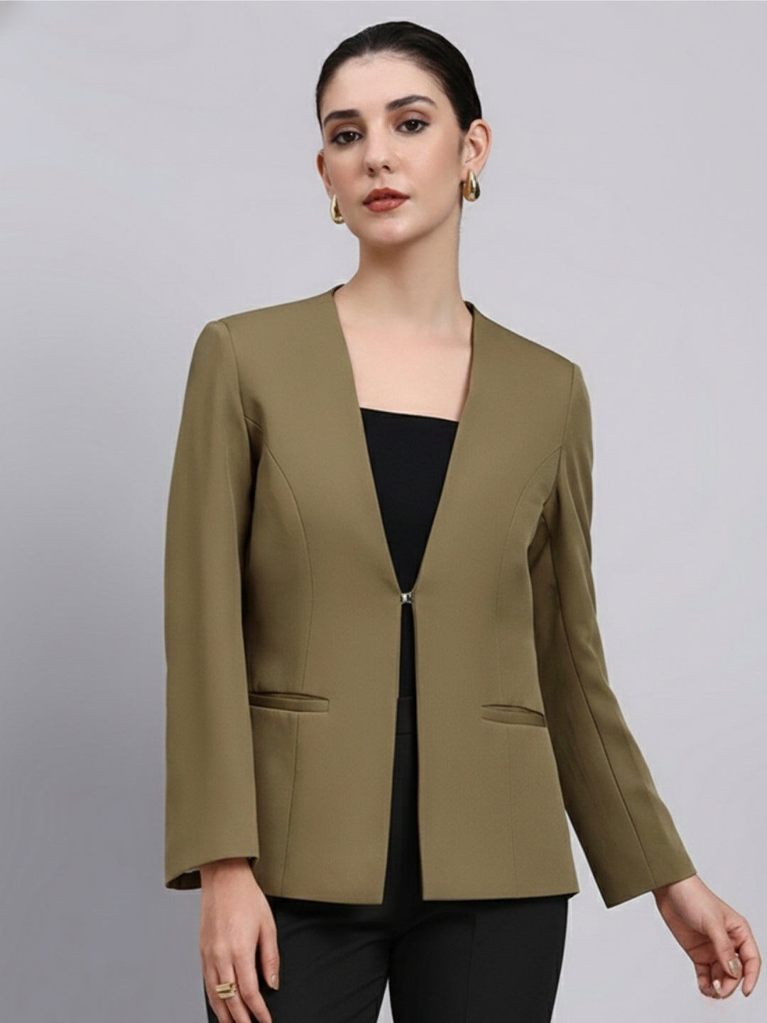 Women Green Lapel Less Blazer
