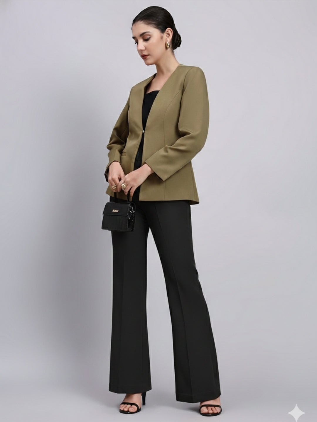 Women Green Lapel Less Blazer