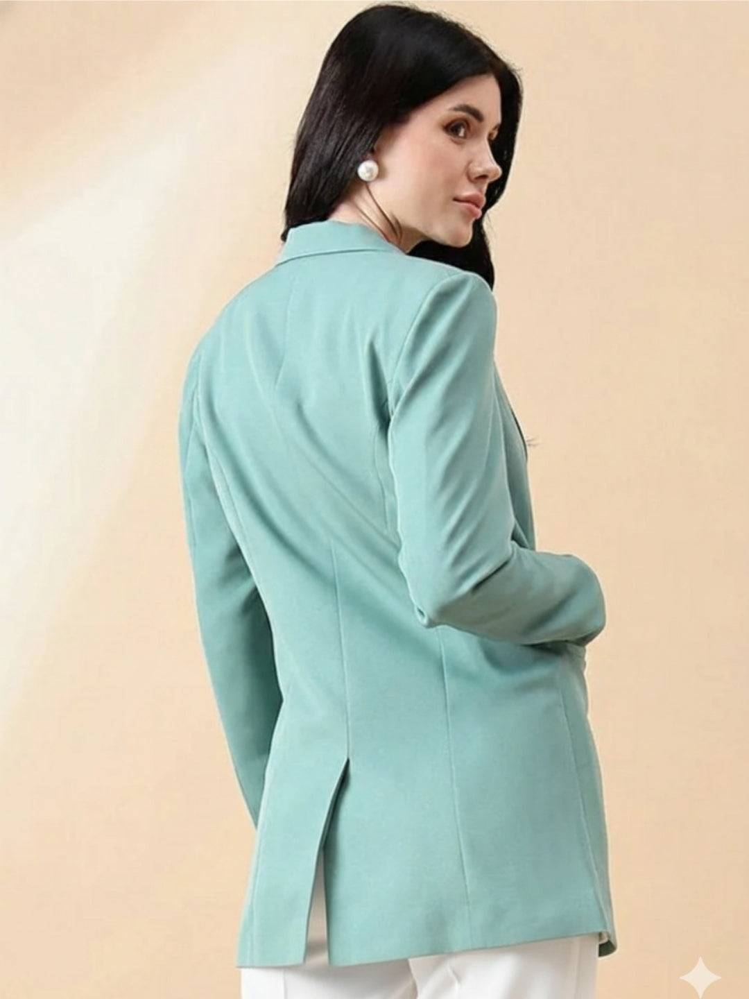 Women Green Notched Lapel Blazer