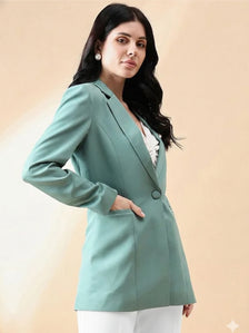 Women Green Notched Lapel Blazer