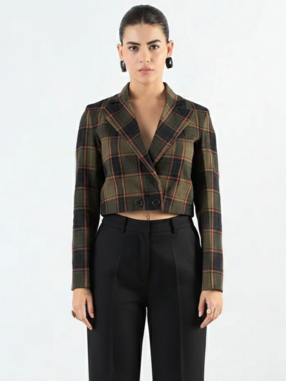 Women Green Checkered Warm Crop Blazer