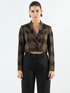 Women Green Checkered Warm Crop Blazer