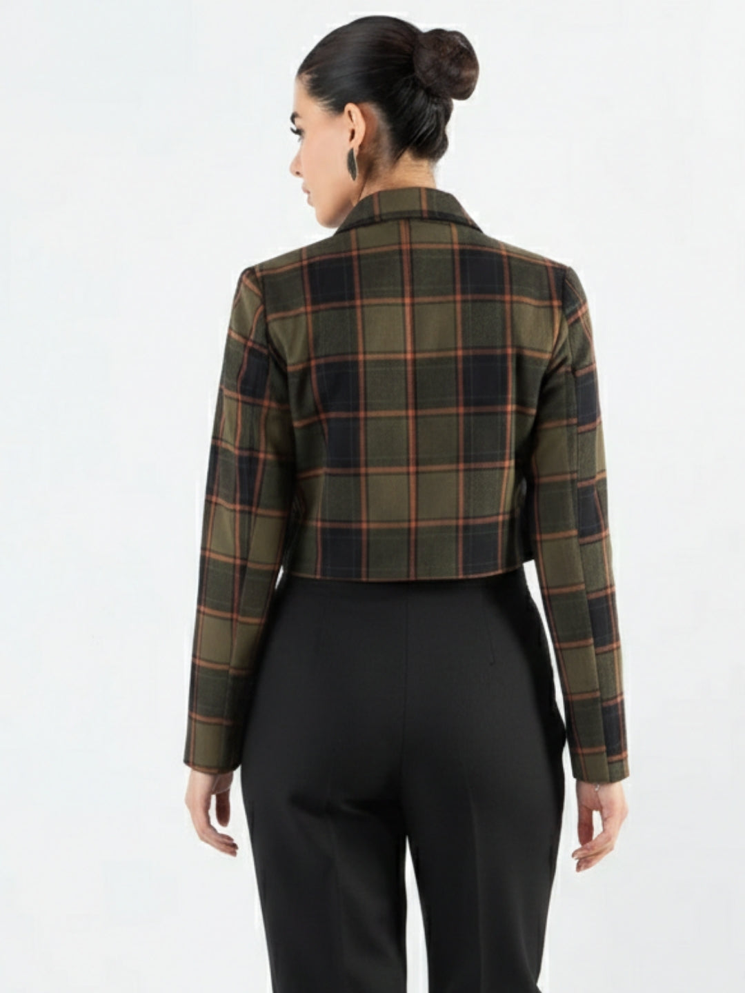 Women Green Checkered Warm Crop Blazer