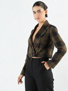 Women Green Checkered Warm Crop Blazer