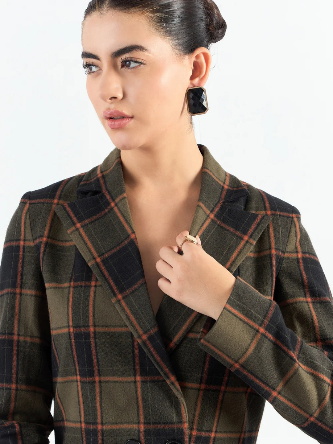 Women Green Checkered Warm Crop Blazer