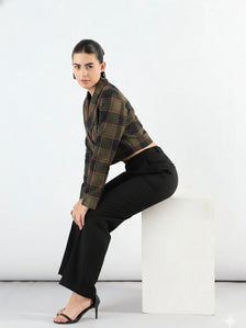 Women Green Checkered Warm Crop Blazer