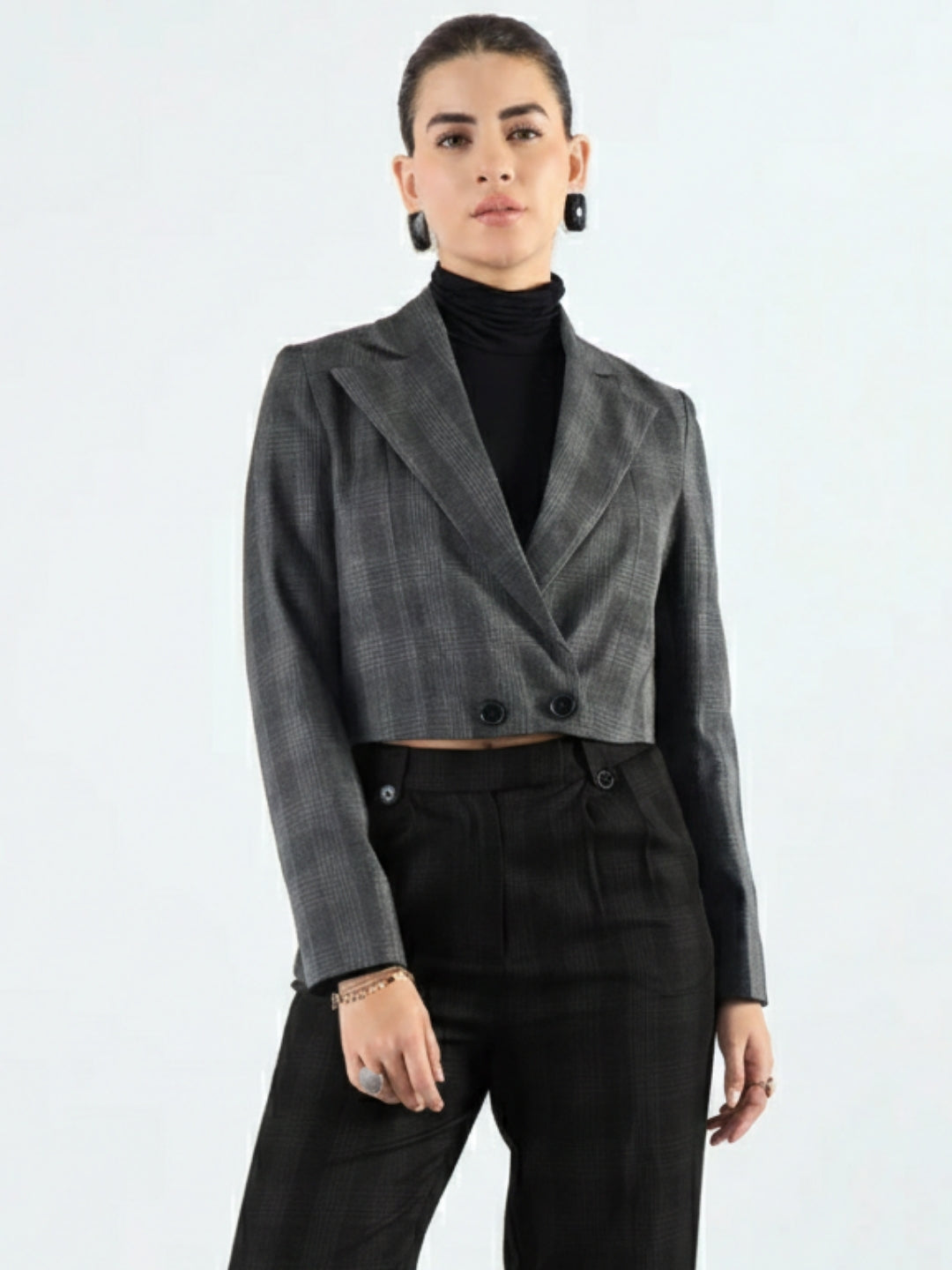 Women Grey Checkered Warm Crop Blazer