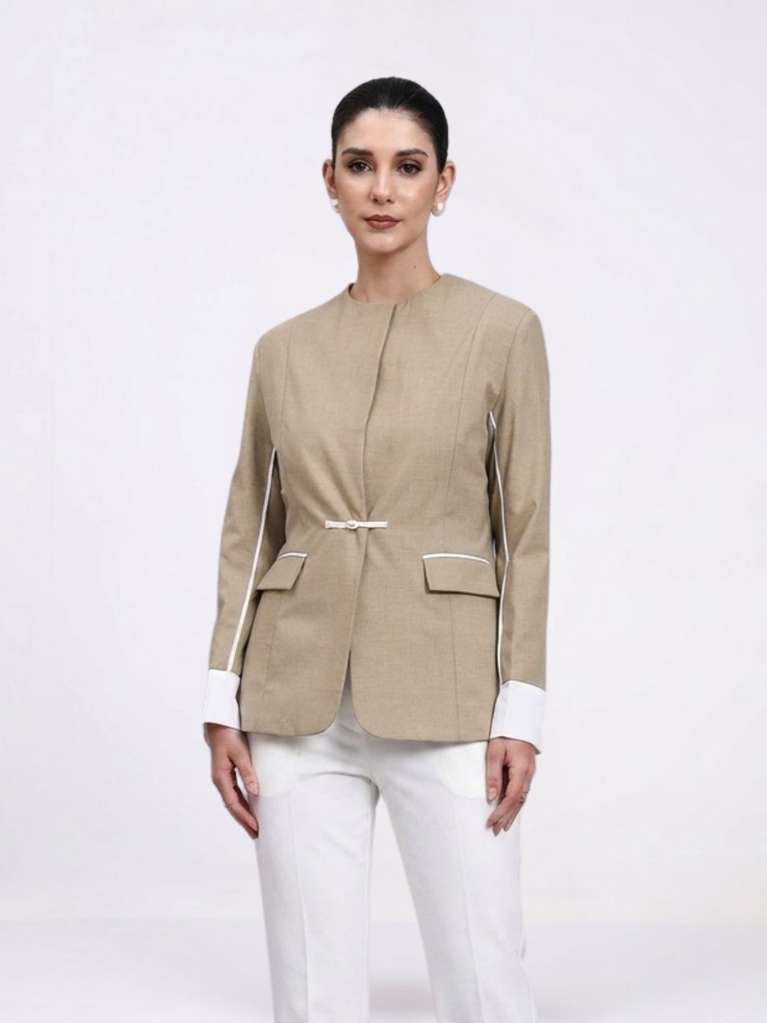 Women Beige Contrast Trim Formal Blazer