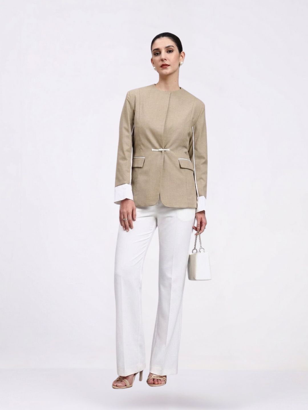 Women Beige Contrast Trim Formal Blazer