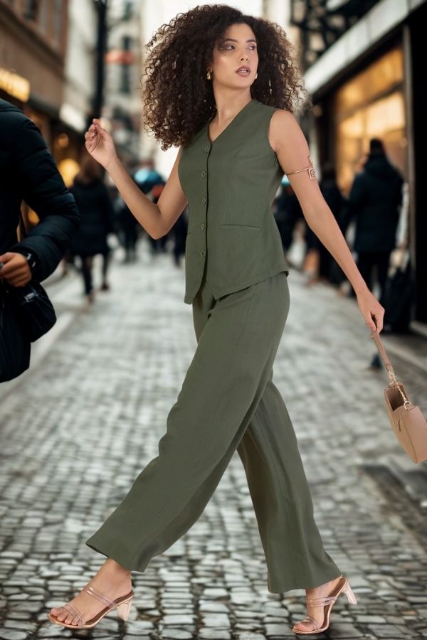 Women V-Neck Vest With Trousers Co-Ords