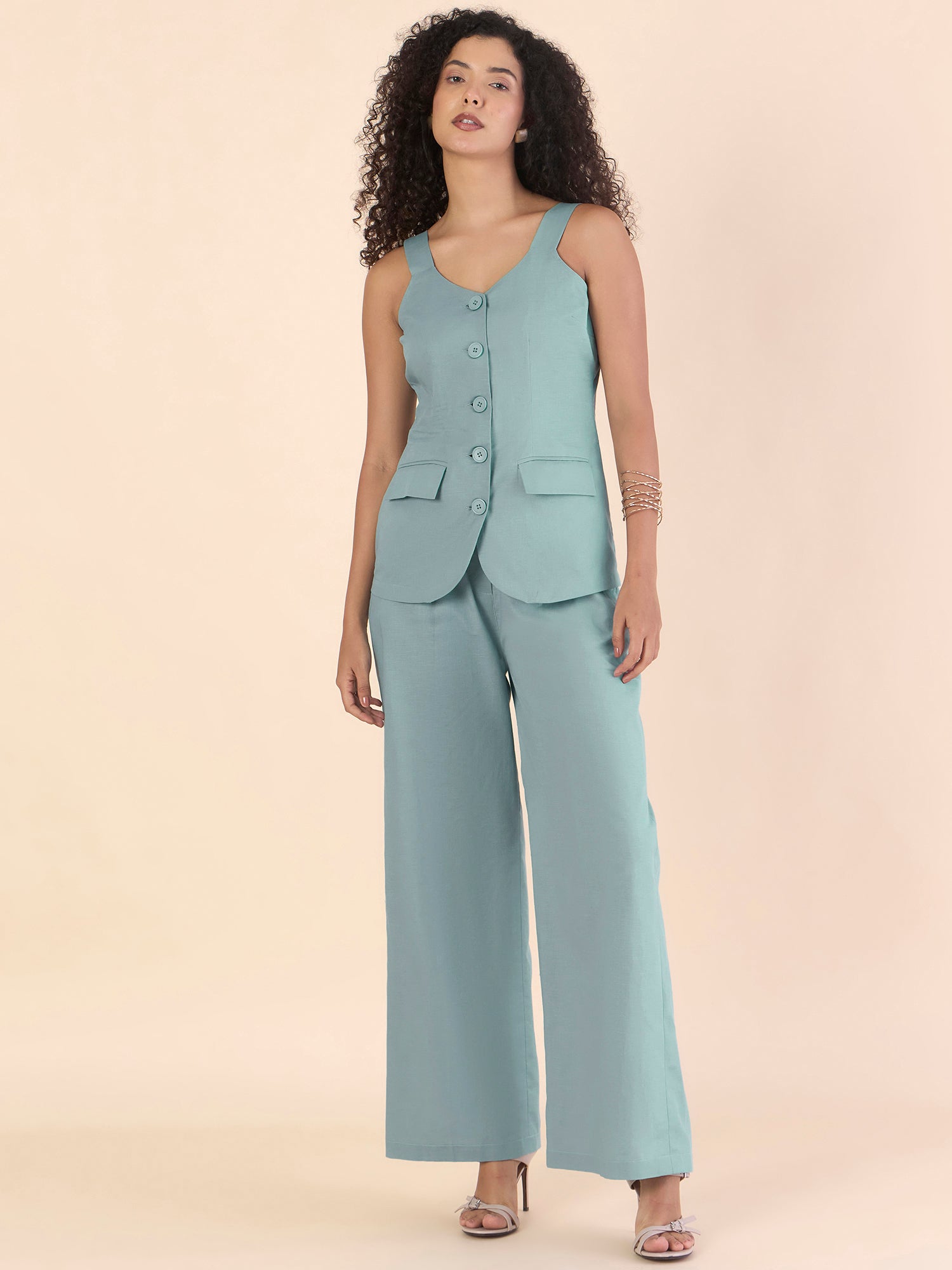 Light-Blue  Breezy Women V-Neckline vest with straight relax-fit Cotton-Bland Co-ords Set