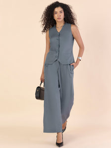 Grey Casual Chic V neckline Button Closure Vest With Double Pleated cotton relaxed-Fit co-ord Set