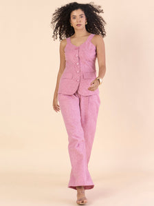 Women V-Neckline vest with straight-fit Bleached Mauve textured co-ords set
