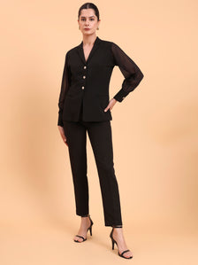 Women Sheer Sleeve Notch Collar Top With Mid Waist Stretch Black Co-Ords Set