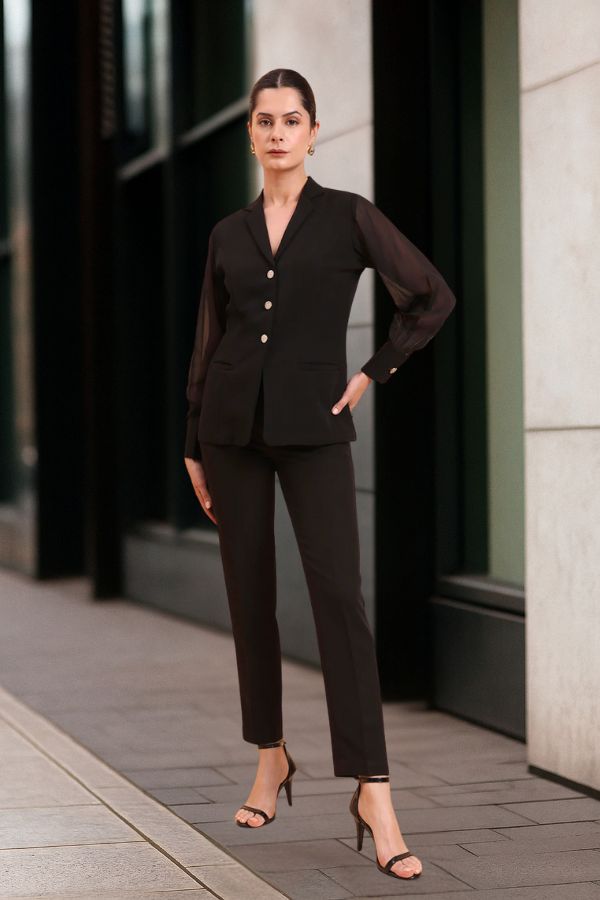 Women Sheer Sleeve Notch Collar Top With Mid Waist Stretch Black Co-Ords Set