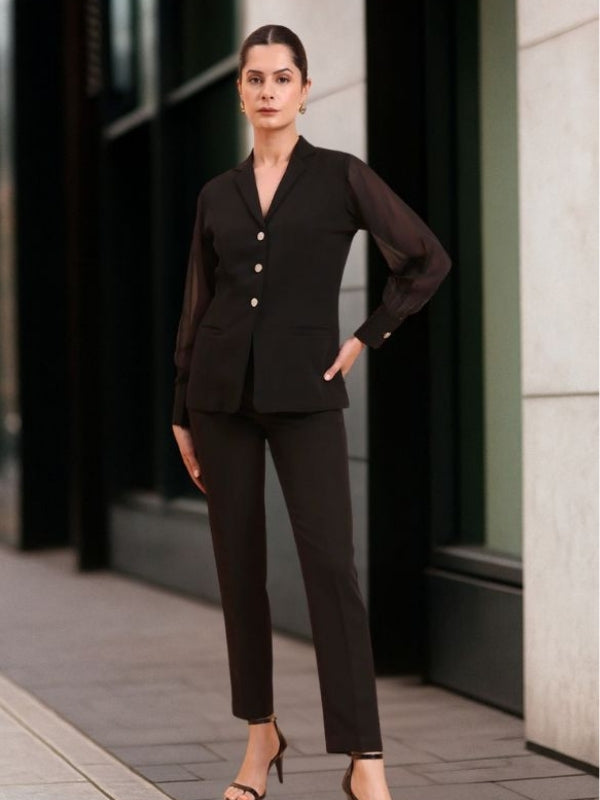 Women Sheer Sleeve Notch Collar Top With Mid Waist Stretch Black Co-Ords Set