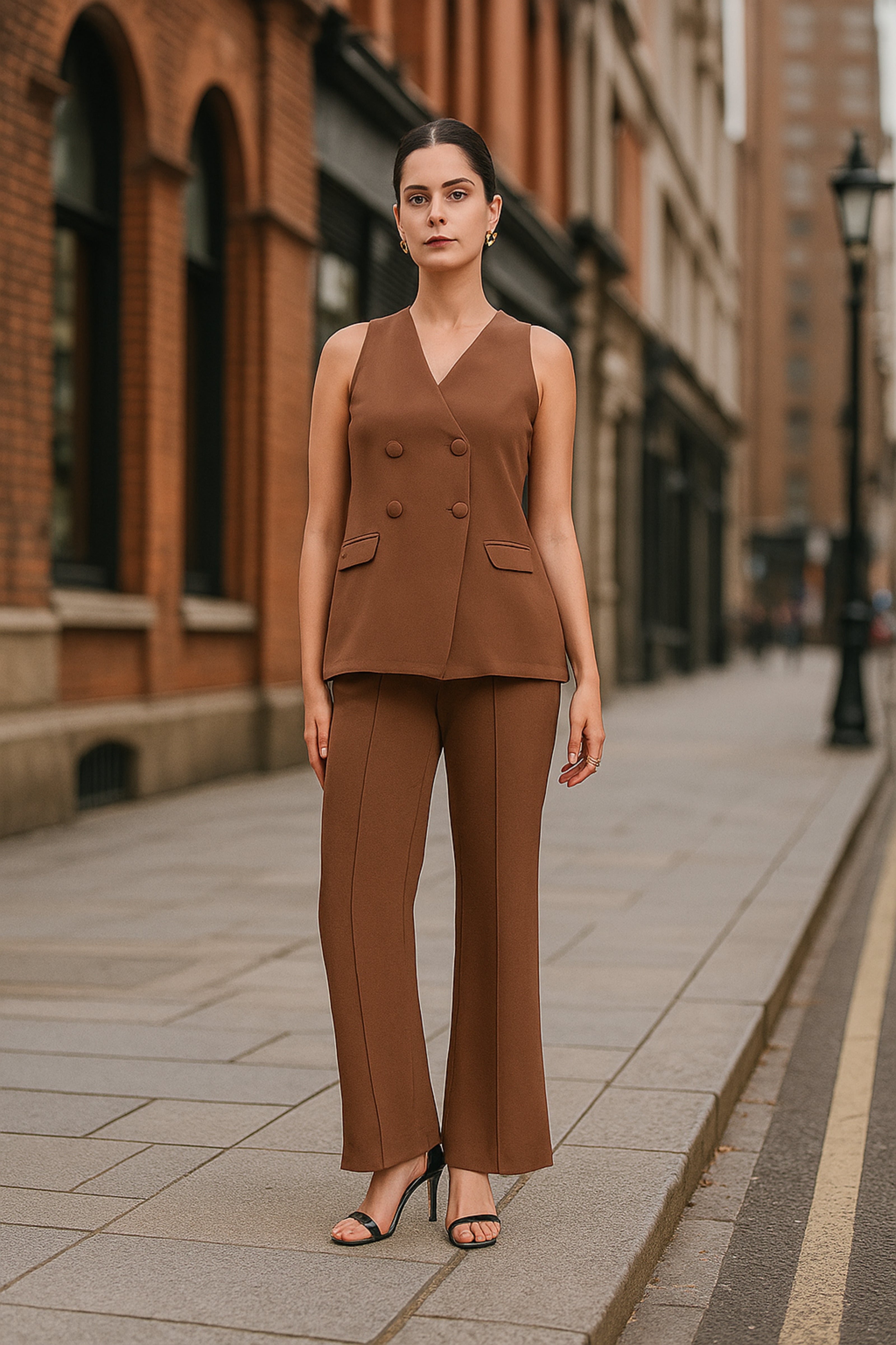 Dusty Peach Double Brested Sleeveless Vest With  Straight Fit Pintuck Detailed Co-Ords Set
