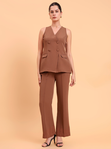 Dusty Peach Double Brested Sleeveless Vest With  Straight Fit Pintuck Detailed Co-Ords Set