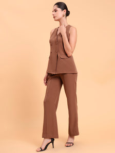 Dusty Peach Double Brested Sleeveless Vest With  Straight Fit Pintuck Detailed Co-Ords Set