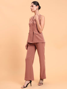 Dusty Peach Double Brested Sleeveless Vest With  Straight Fit Pintuck Detailed Co-Ords Set