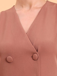 Dusty Peach Double Brested Sleeveless Vest With  Straight Fit Pintuck Detailed Co-Ords Set