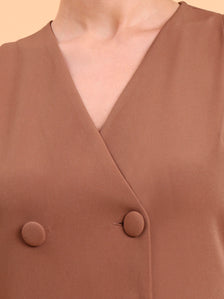 Dusty Peach Double Brested Sleeveless Vest With  Straight Fit Pintuck Detailed Co-Ords Set