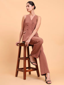 Dusty Peach Double Brested Sleeveless Vest With  Straight Fit Pintuck Detailed Co-Ords Set