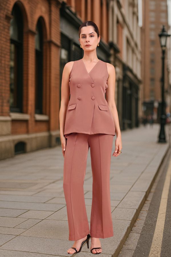 Dusty Peach Double Brested Sleeveless Vest With  Straight Fit Pintuck Detailed Co-Ords Set
