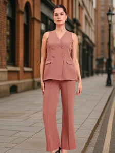 Dusty Peach Double Brested Sleeveless Vest With  Straight Fit Pintuck Detailed Co-Ords Set
