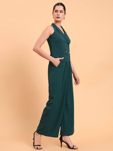Women Halter Double Breasted Vest With Inverted Pleated Green Co-Ords Set In Stretch Fabric