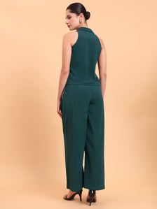 Women Halter Double Breasted Vest With Inverted Pleated Green Co-Ords Set In Stretch Fabric